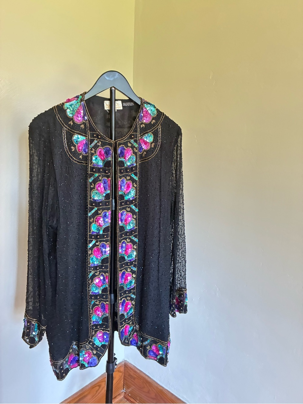 Roaman's Black Open-Front Beaded Jacket with Pink and Teal Floral Accents